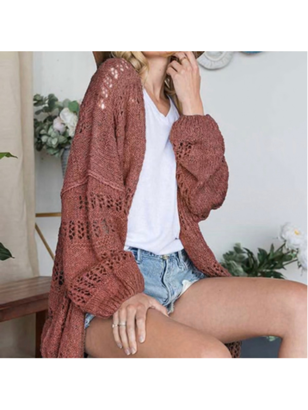Bucket List Rust Open Knit Cardigan L